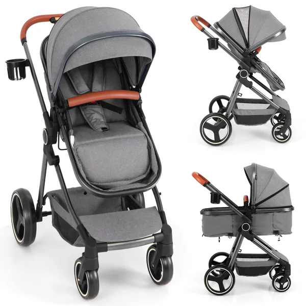 COSTWAY Baby Pushchair, Foldable Travel System Pram with Reversible Seat, Adjustable Canopy & Backrest, Storage Basket, Cup Holder, Aluminum Structure Stroller for 0-36 Months (Grey)