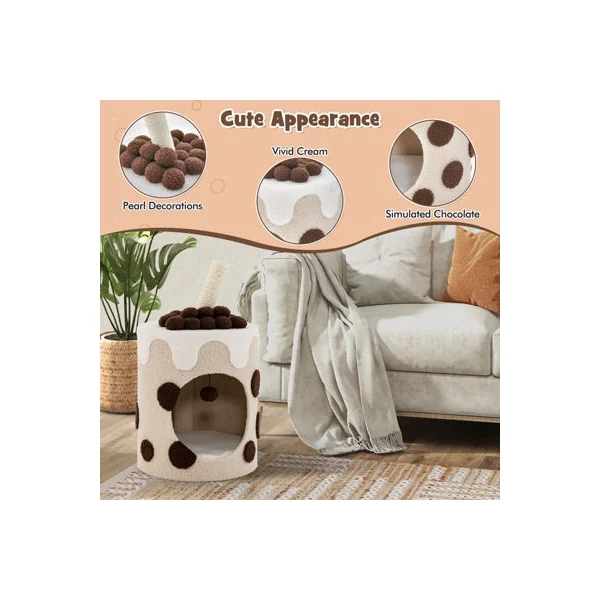 Costway Bubble Tea Cat Tree Tower Cat Condo Furniture W/ Scratching Post Dangling Ball