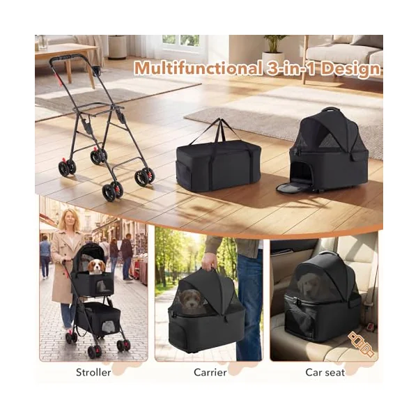 COSTWAY Double Pet Stroller, 4 Wheels Foldable Dog Pushchair Cat Buggy with 2 Detachable Carriers, Adjustable Canopy, Mesh Openings & Safety Leash, Lightweight Pet Pram for Small Dog Cat (Black)