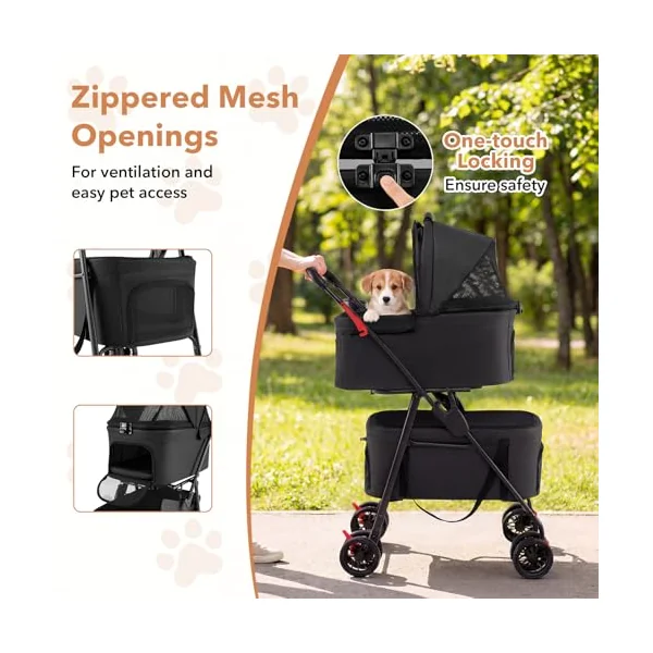 COSTWAY Double Pet Stroller, 4 Wheels Foldable Dog Pushchair Cat Buggy with 2 Detachable Carriers, Adjustable Canopy, Mesh Openings & Safety Leash, Lightweight Pet Pram for Small Dog Cat (Black)