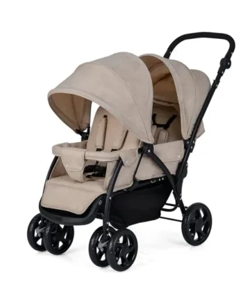 COSTWAY Double Pushchair, Foldable Twin Tandem Stroller with Adjustable Backrest, Push Handle & Footrest, 5 Points Safety Belts, Sunshade, Storage Basket, for from Birth to 15kg (Khaki)