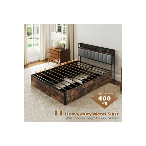 COSTWAY Double Size Metal Bed Frame with LED Lights & 4 Storage Drawers