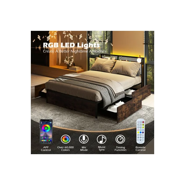 COSTWAY Double Size Metal Bed Frame with LED Lights & 4 Storage Drawers