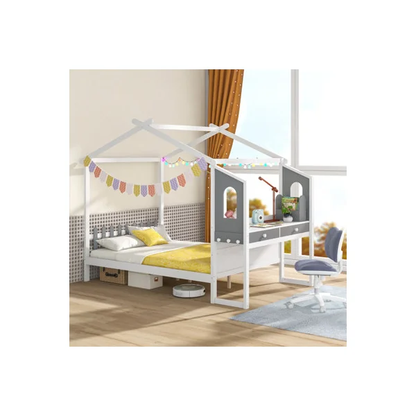 COSTWAY Double Size Wooden Kids House Bed Frame with Desk