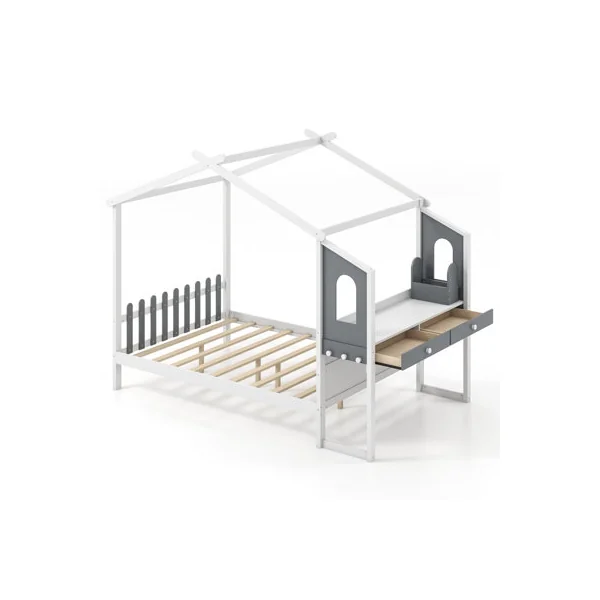 COSTWAY Double Size Wooden Kids House Bed Frame with Desk