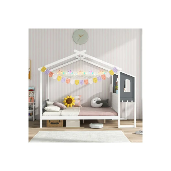 COSTWAY Double Size Wooden Kids House Bed Frame with Desk