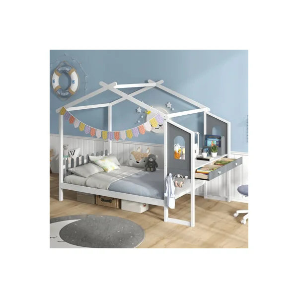 COSTWAY Double Size Wooden Kids House Bed Frame with Desk