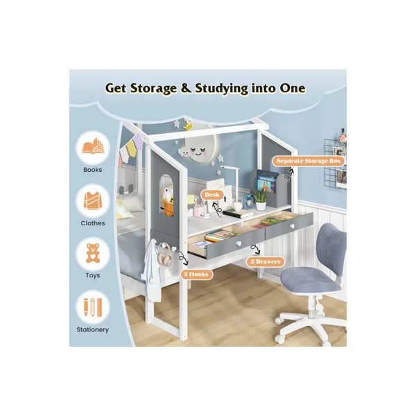 COSTWAY Double Size Wooden Kids House Bed Frame with Desk