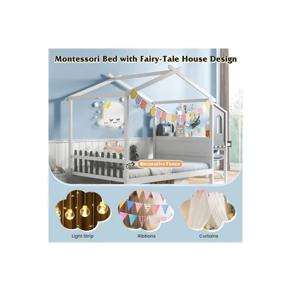 COSTWAY Double Size Wooden Kids House Bed Frame with Desk