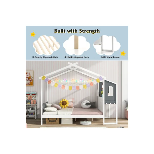 COSTWAY Double Size Wooden Kids House Bed Frame with Desk
