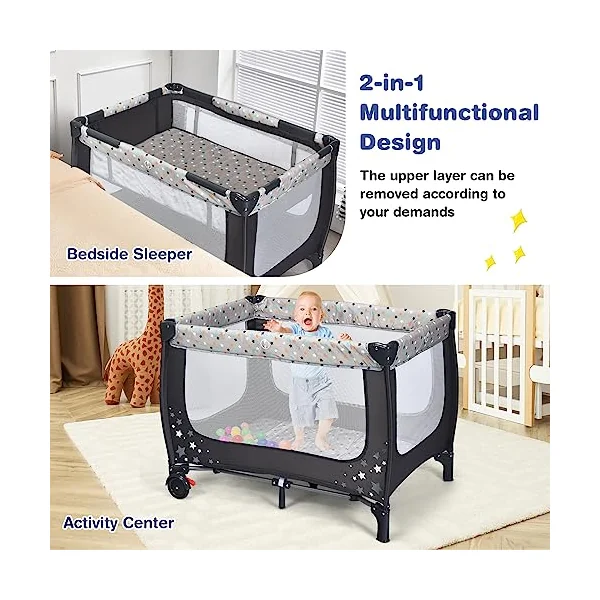 COSTWAY Foldable Travel Cot, Portable Baby Playard with Lockable Wheels, Breathable Mattress, Carry Bag, Double Layer Crib for Newborn Toddlers (Grey)