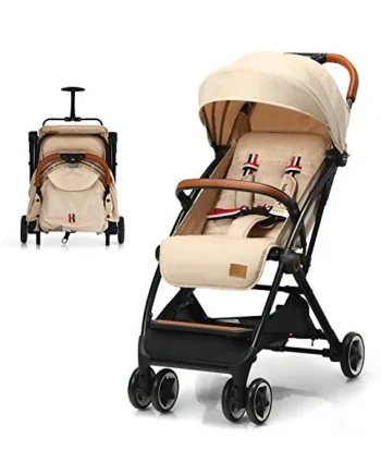 COSTWAY Lightweight Baby Stroller, One-Hand Foldable Infant Pushchair with 5-Point Harness, Adjustable Backrest/Footrest/Canopy, Compact Travel Buggy for 0-3 Years (Beige)