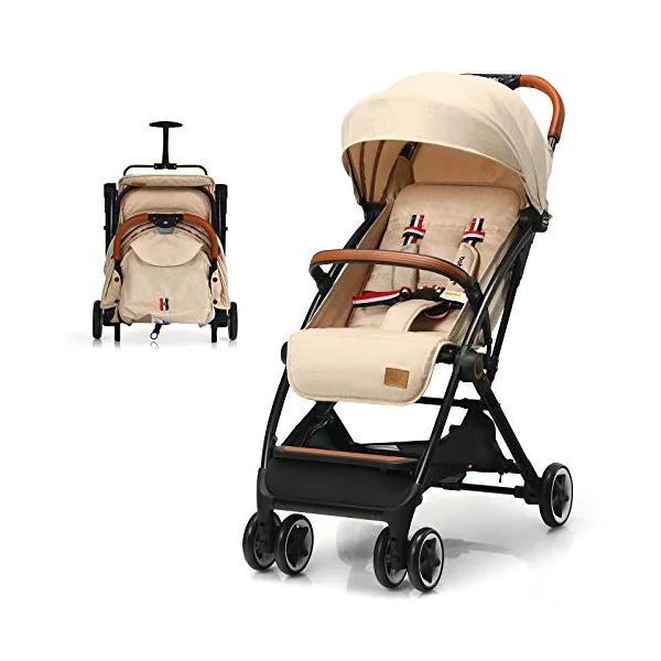 COSTWAY Lightweight Baby Stroller, One-Hand Foldable Infant Pushchair with 5-Point Harness, Adjustable Backrest/Footrest/Canopy, Compact Travel Buggy for 0-3 Years (Beige)