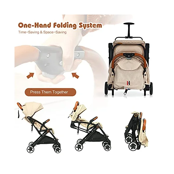 COSTWAY Lightweight Baby Stroller, One-Hand Foldable Infant Pushchair with 5-Point Harness, Adjustable Backrest/Footrest/Canopy, Compact Travel Buggy for 0-3 Years (Beige)