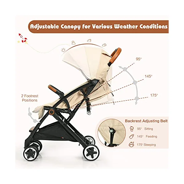 COSTWAY Lightweight Baby Stroller, One-Hand Foldable Infant Pushchair with 5-Point Harness, Adjustable Backrest/Footrest/Canopy, Compact Travel Buggy for 0-3 Years (Beige)