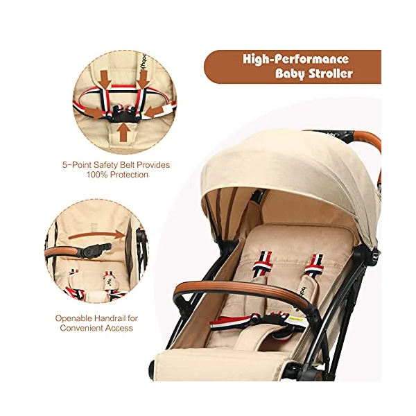 COSTWAY Lightweight Baby Stroller, One-Hand Foldable Infant Pushchair with 5-Point Harness, Adjustable Backrest/Footrest/Canopy, Compact Travel Buggy for 0-3 Years (Beige)