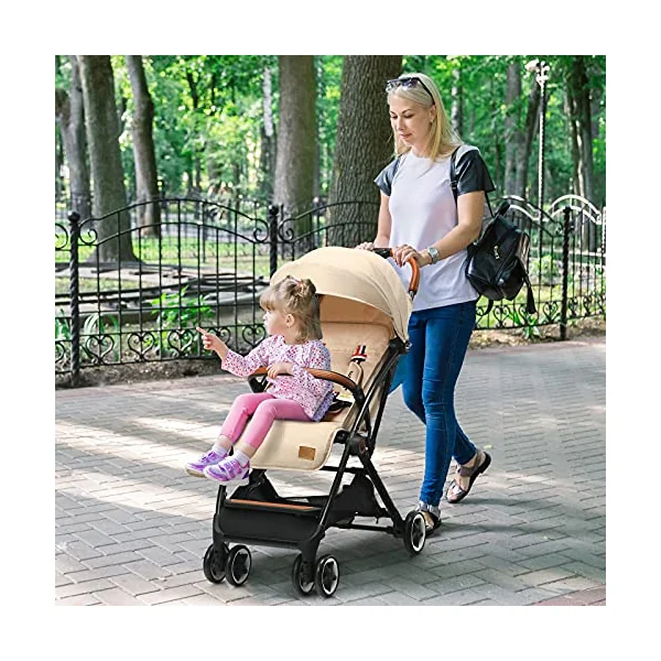 COSTWAY Lightweight Baby Stroller, One-Hand Foldable Infant Pushchair with 5-Point Harness, Adjustable Backrest/Footrest/Canopy, Compact Travel Buggy for 0-3 Years (Beige)