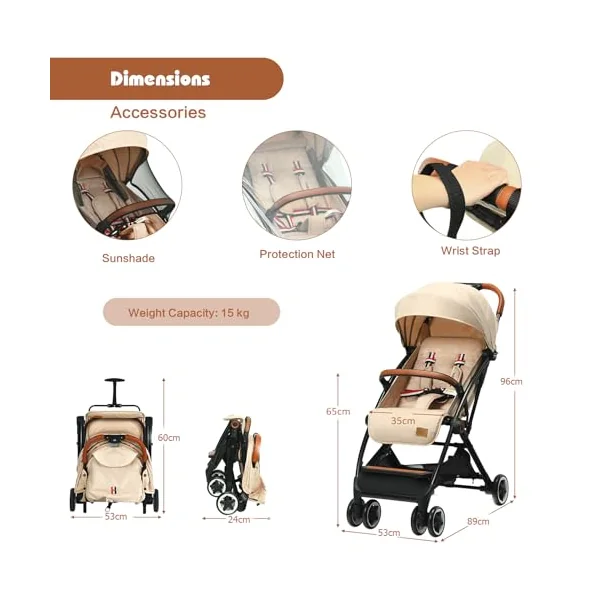 COSTWAY Lightweight Baby Stroller, One-Hand Foldable Infant Pushchair with 5-Point Harness, Adjustable Backrest/Footrest/Canopy, Compact Travel Buggy for 0-3 Years (Beige)