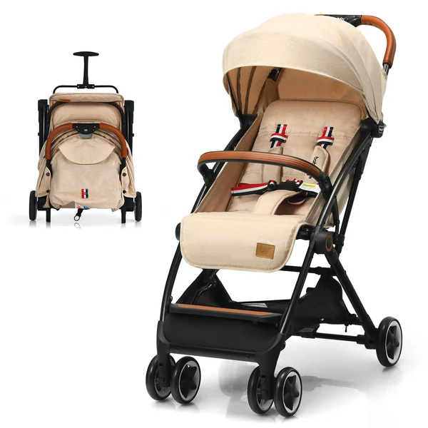 COSTWAY Lightweight Baby Stroller, One-Hand Foldable Infant Pushchair with 5-Point Harness, Adjustable Backrest/Footrest/Canopy, Compact Travel Buggy for 0-3 Years (Beige)