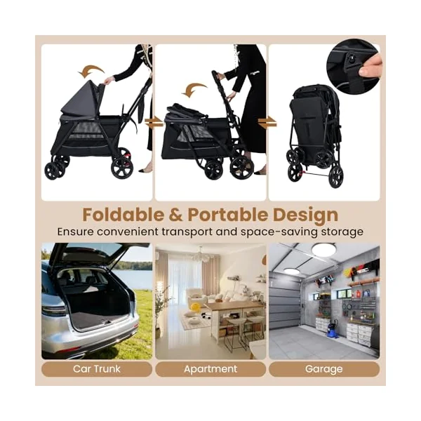COSTWAY Pet Stroller, Foldable Dog Pushchair Cat Pram with Dual Entry, Ramp, Adjustable Canopy, Safety Belt, 4 Wheels Pets Travel Buggy for Dogs Cats
