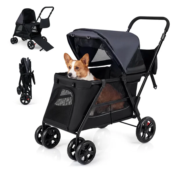 COSTWAY Pet Stroller, Foldable Dog Pushchair Cat Pram with Dual Entry, Ramp, Adjustable Canopy, Safety Belt, 4 Wheels Pets Travel Buggy for Dogs Cats