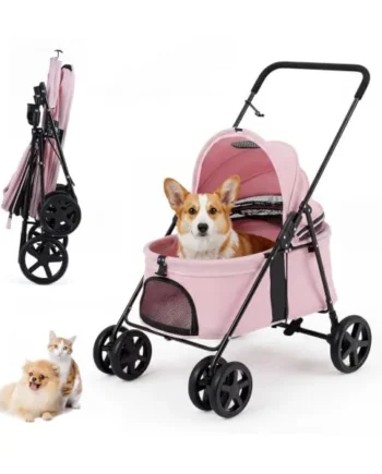 COSTWAY Pet Stroller, Foldable Dog Pushchair with 360°Swivel Wheels (Pink) | Double-Sided Adjustable Canopy, One-Step Rear Brake & Breathable Mesh, Pet Travel Buggy for Small Medium Dogs Cats