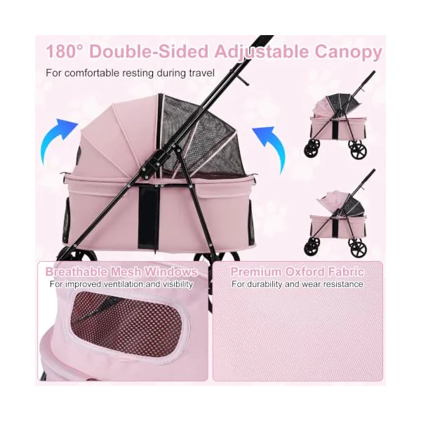 COSTWAY Pet Stroller, Foldable Dog Pushchair with 360°Swivel Wheels (Pink) | Double-Sided Adjustable Canopy, One-Step Rear Brake & Breathable Mesh, Pet Travel Buggy for Small Medium Dogs Cats