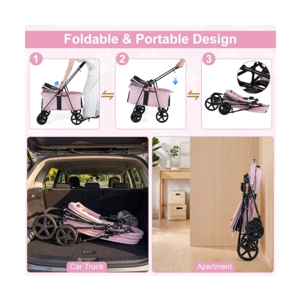 COSTWAY Pet Stroller, Foldable Dog Pushchair with 360°Swivel Wheels (Pink) | Double-Sided Adjustable Canopy, One-Step Rear Brake & Breathable Mesh, Pet Travel Buggy for Small Medium Dogs Cats