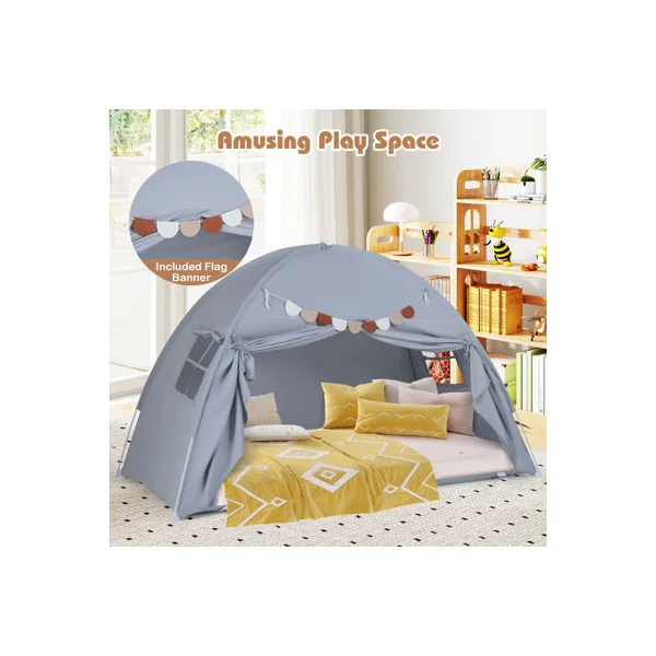 COSTWAY Single Doule Size Bed Tent for Kids Foldable & Portable Canopy Tent-Grey