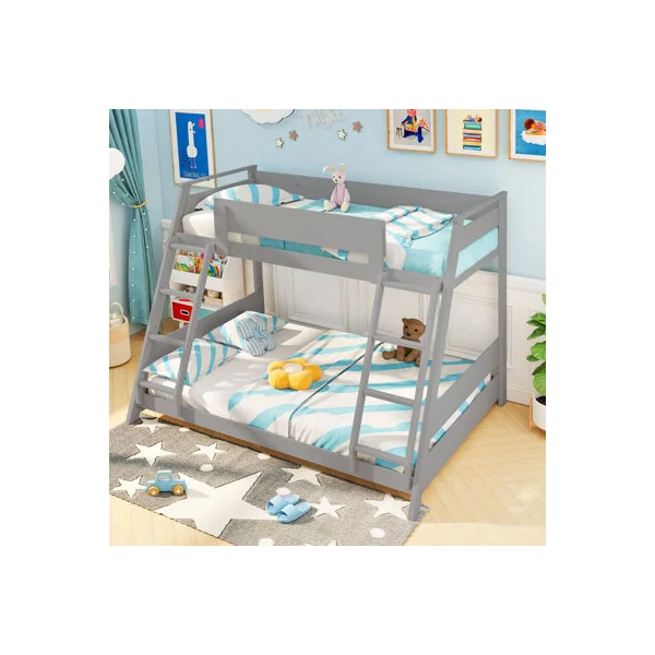 COSTWAY Single Over Double Bunk Bed 2-in-1 Convertible Wood Bed Frame with 2 Ladders-Grey