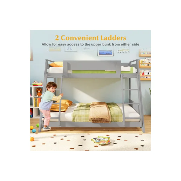COSTWAY Single Over Double Bunk Bed 2-in-1 Convertible Wood Bed Frame with 2 Ladders-Grey