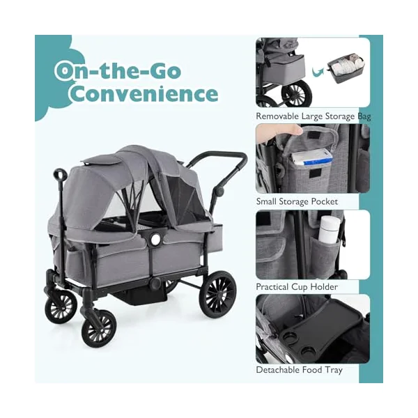 COSTWAY Stroller Wagon for 2 Kids, Push Pull Double Stroller with Adjustable Handle, Removable Canopy, Cup Holder, Food Tray, 3-Point Harness, Folding Camping Cart Trolley (Gray)