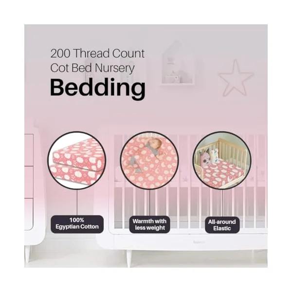 Cot Bed Fitted Sheet 100% Cotton 200 Thread Count 12 Colours, Cot Bed 70 x 140 CM - pink moon