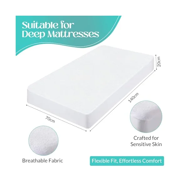 Cot Bed Mattress Protector 70x140 - Toddler Mattress Protector - Hypoallergenic, Anti Mite Suitable for Deep Cot Bed Mattress - Noiseless and Waterproof