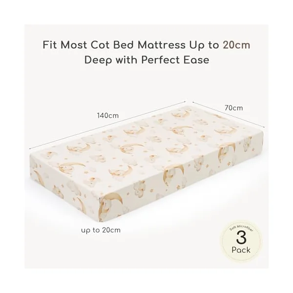 Cot Bed Sheets 140 x 70 cm Fitted for Baby and Toddler | Super Soft & Breathable Microfiber, 3 Pack Cotbed Mattress Fitted Sheets 140x70, Brown Balloon