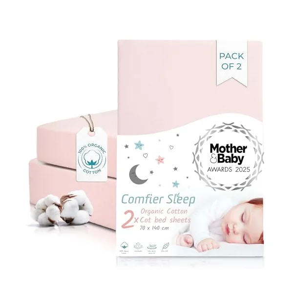 Cot Bed Sheets 140x70cm - 2 pcs Pink 100% Organic Cotton Fitted Cot Sheets | Award Winning Cot Bed Fitted Sheets, Ultra Soft and Breathable Bedding, Certified Kids Bed Sheets