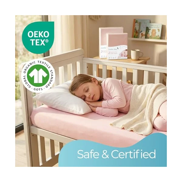 Cot Bed Sheets 140x70cm - 2 pcs Pink 100% Organic Cotton Fitted Cot Sheets | Award Winning Cot Bed Fitted Sheets, Ultra Soft and Breathable Bedding, Certified Kids Bed Sheets