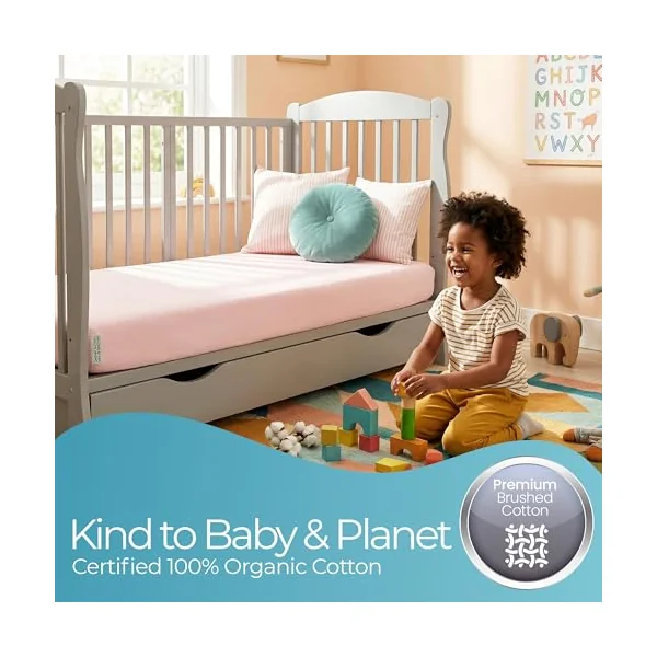 Cot Bed Sheets 140x70cm - 2 pcs Pink 100% Organic Cotton Fitted Cot Sheets | Award Winning Cot Bed Fitted Sheets, Ultra Soft and Breathable Bedding, Certified Kids Bed Sheets