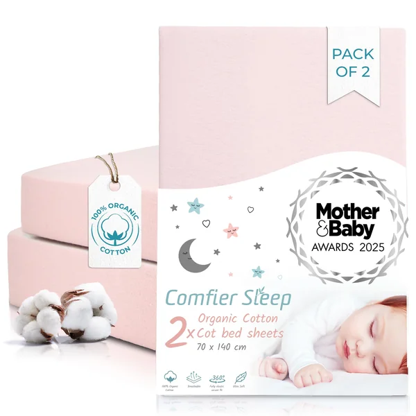 Cot Bed Sheets 140x70cm - 2 pcs Pink 100% Organic Cotton Fitted Cot Sheets | Award Winning Cot Bed Fitted Sheets, Ultra Soft and Breathable Bedding, Certified Kids Bed Sheets