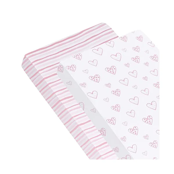 Cot Bed Sheets 140x70cm Fitted 2 Pack–100% Cotton, Pink Hearts & Stripes | Fits standard 140x70cm cot mattress. 100% cotton for soft, breathable sleep. Snug elastic fit. Cute print for little girl.