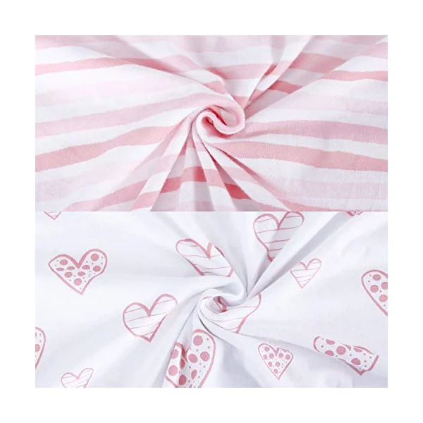 Cot Bed Sheets 140x70cm Fitted 2 Pack–100% Cotton, Pink Hearts & Stripes | Fits standard 140x70cm cot mattress. 100% cotton for soft, breathable sleep. Snug elastic fit. Cute print for little girl.