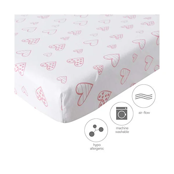 Cot Bed Sheets 140x70cm Fitted 2 Pack–100% Cotton, Pink Hearts & Stripes | Fits standard 140x70cm cot mattress. 100% cotton for soft, breathable sleep. Snug elastic fit. Cute print for little girl.