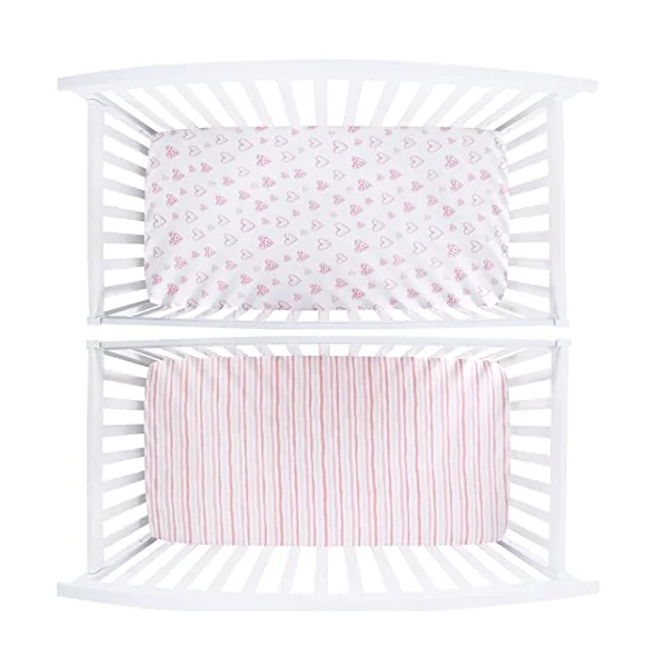 Cot Bed Sheets 140x70cm Fitted 2 Pack–100% Cotton, Pink Hearts & Stripes | Fits standard 140x70cm cot mattress. 100% cotton for soft, breathable sleep. Snug elastic fit. Cute print for little girl.