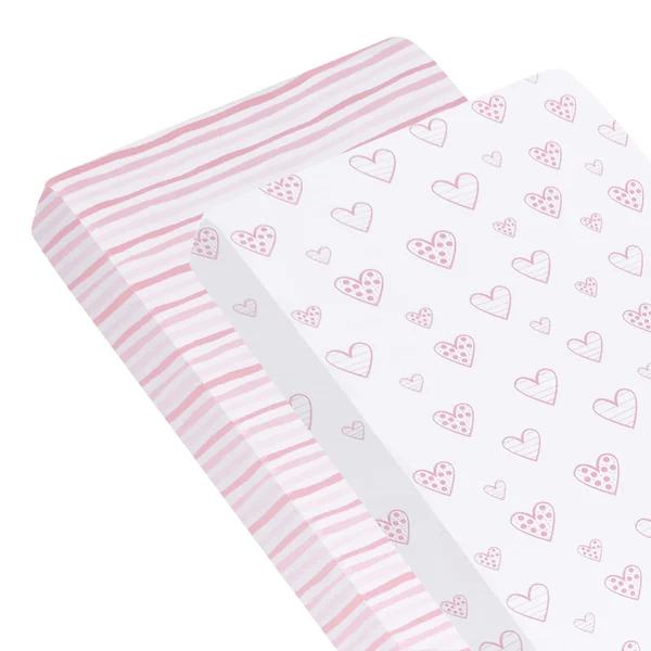 Cot Bed Sheets 140x70cm Fitted 2 Pack–100% Cotton, Pink Hearts & Stripes | Fits standard 140x70cm cot mattress. 100% cotton for soft, breathable sleep. Snug elastic fit. Cute print for little girl.