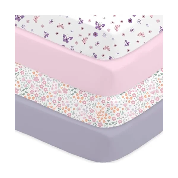 Cot Bed Sheets Fitted – 4 Pack Baby Girl Sheets, Soft Microfibre 60x120x15cm – Breathable & Snug Fit Mattress Covers, Butterfly, Floral, Pink & Mauve