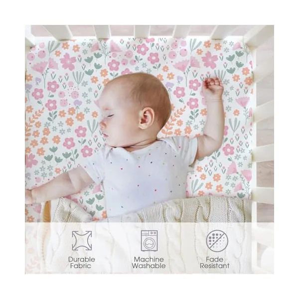 Cot Bed Sheets Fitted – 4 Pack Baby Girl Sheets, Soft Microfibre 60x120x15cm – Breathable & Snug Fit Mattress Covers, Butterfly, Floral, Pink & Mauve