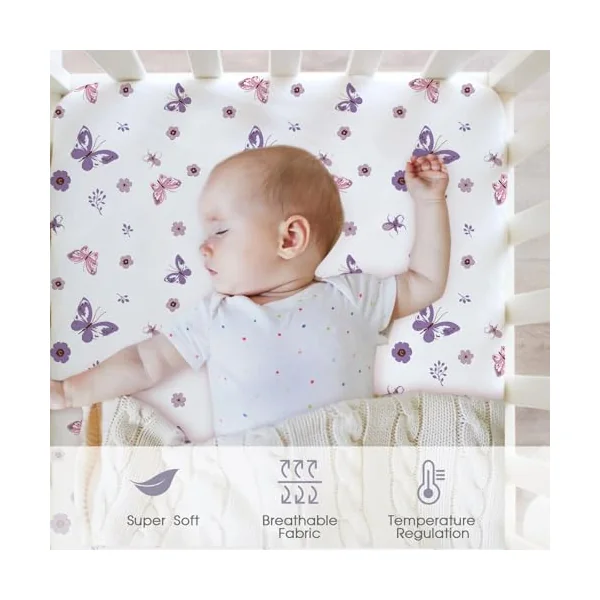 Cot Bed Sheets Fitted – 4 Pack Baby Girl Sheets, Soft Microfibre 60x120x15cm – Breathable & Snug Fit Mattress Covers, Butterfly, Floral, Pink & Mauve