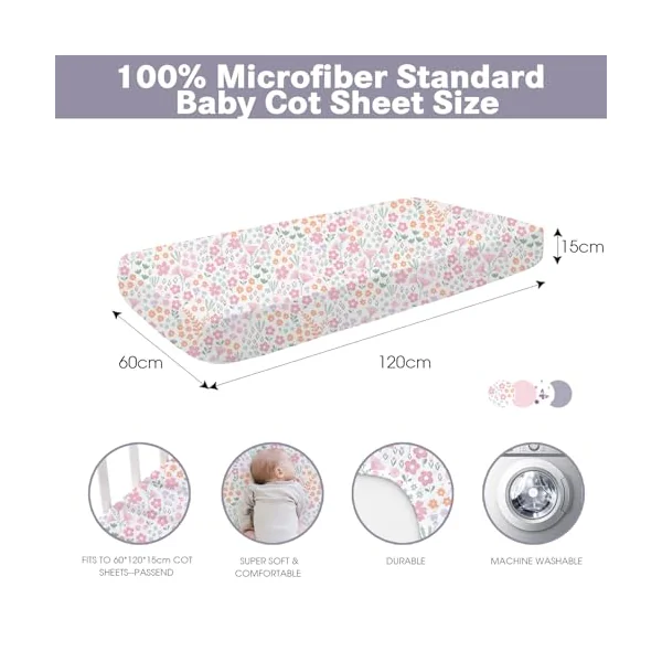 Cot Bed Sheets Fitted – 4 Pack Baby Girl Sheets, Soft Microfibre 60x120x15cm – Breathable & Snug Fit Mattress Covers, Butterfly, Floral, Pink & Mauve