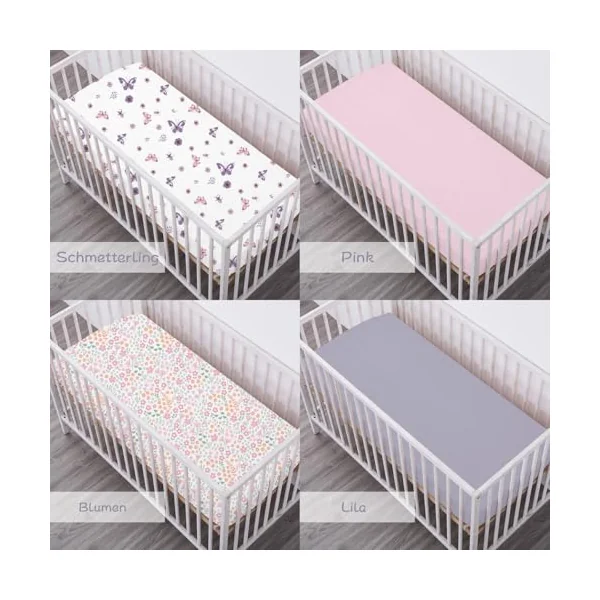 Cot Bed Sheets Fitted – 4 Pack Baby Girl Sheets, Soft Microfibre 60x120x15cm – Breathable & Snug Fit Mattress Covers, Butterfly, Floral, Pink & Mauve