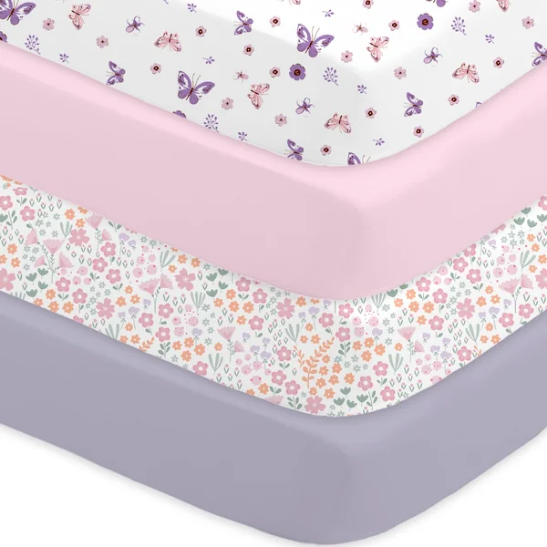 Cot Bed Sheets Fitted – 4 Pack Baby Girl Sheets, Soft Microfibre 60x120x15cm – Breathable & Snug Fit Mattress Covers, Butterfly, Floral, Pink & Mauve
